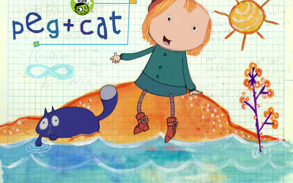HD desktop wallpaper featuring characters Peg and Cat from the animated series Peg + Cat with playful beach-themed background.