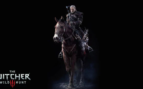 HD wallpaper of Geralt of Rivia on horseback from the video game The Witcher 3: Wild Hunt, set against a dark background.