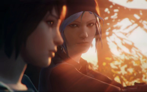 Chloe Price and Max Caulfield from the video game Life Is Strange share a moment captured in this HD desktop wallpaper, illuminated by a warm sunset glow.