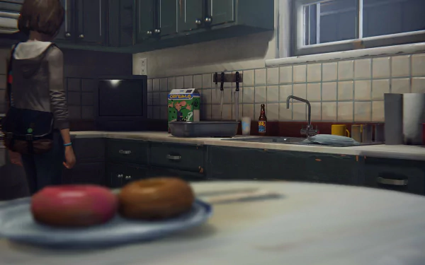 HD PC desktop wallpaper featuring Max Caulfield from the video game Life Is Strange in a dimly lit kitchen with a focus on a table holding two donuts.