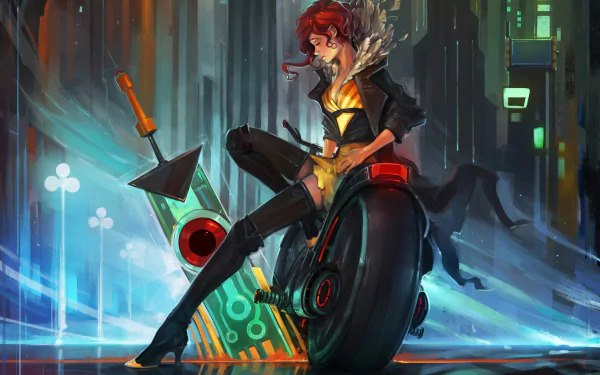 A striking HD wallpaper from the video game Transistor, featuring a stylish character poised on a futuristic wheel, surrounded by a vibrant, neon-lit cityscape.