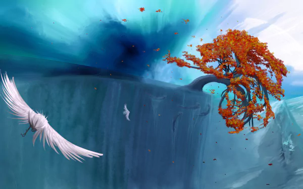 HD desktop wallpaper featuring a vivid artistic painting of a fiery orange tree on a cliff, with a feather and birds flying in a dynamic, blue-toned backdrop.