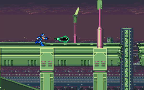 HD desktop wallpaper featuring Mega Man on a futuristic platform with a cityscape in the background.
