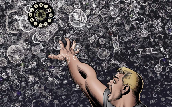 Comic Dial H HD PC desktop wallpaper: blond man reaches toward a floating rotary phone dial amid swirling white circular glyphs and bubbles.
