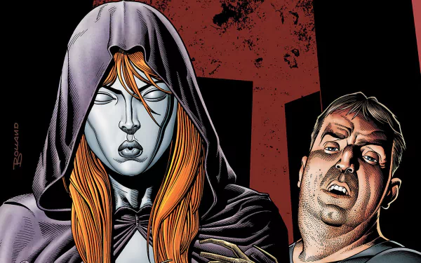 Comic HD PC desktop wallpaper for Dial H: hooded pale woman with orange hair and blank eyes beside a grimacing man against a red-black backdrop.