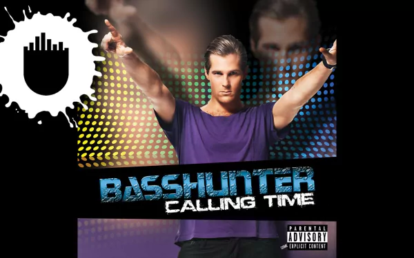 HD desktop wallpaper featuring Basshunter with arms raised, from the album 'Calling Time', against a colorful backdrop.