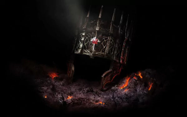 A dark, atmospheric HD wallpaper featuring an ominous throne surrounded by glowing embers, inspired by the aesthetic of Dark Souls II.