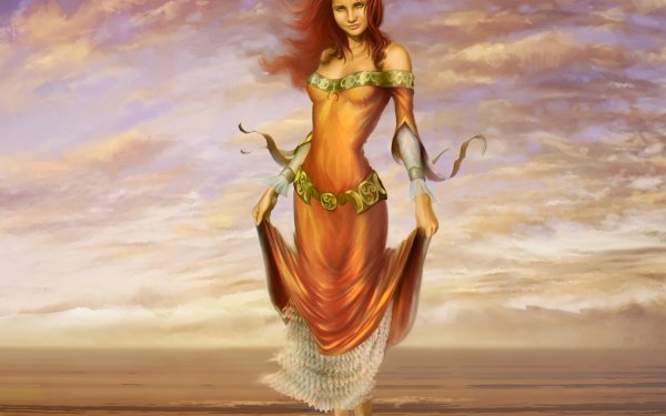 Fantasy Women Red Hair Face Dress Sky Cloud Long Hair HD Wallpaper | Background Image