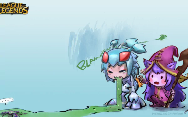 HD League of Legends desktop wallpaper featuring characters Kog'Maw and Lulu in a playful cartoon style.