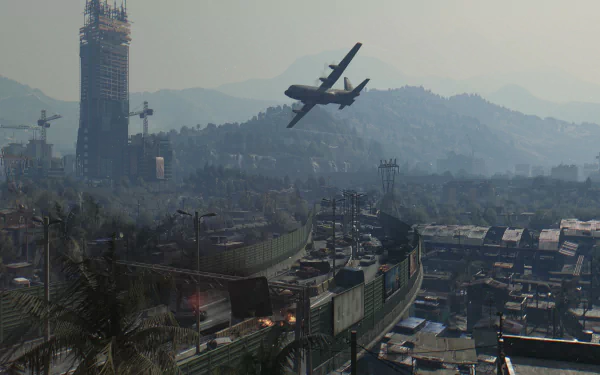 HD PC desktop wallpaper from the video game Dying Light showing a ruined cityscape, a low-flying plane, a damaged skyscraper and hazy mountains in the background.