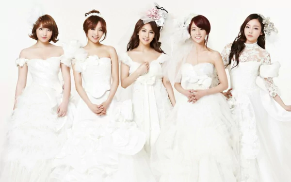 HD desktop wallpaper featuring the Korean K-Pop group KARA dressed in elegant white gowns, highlighting their music and style.
