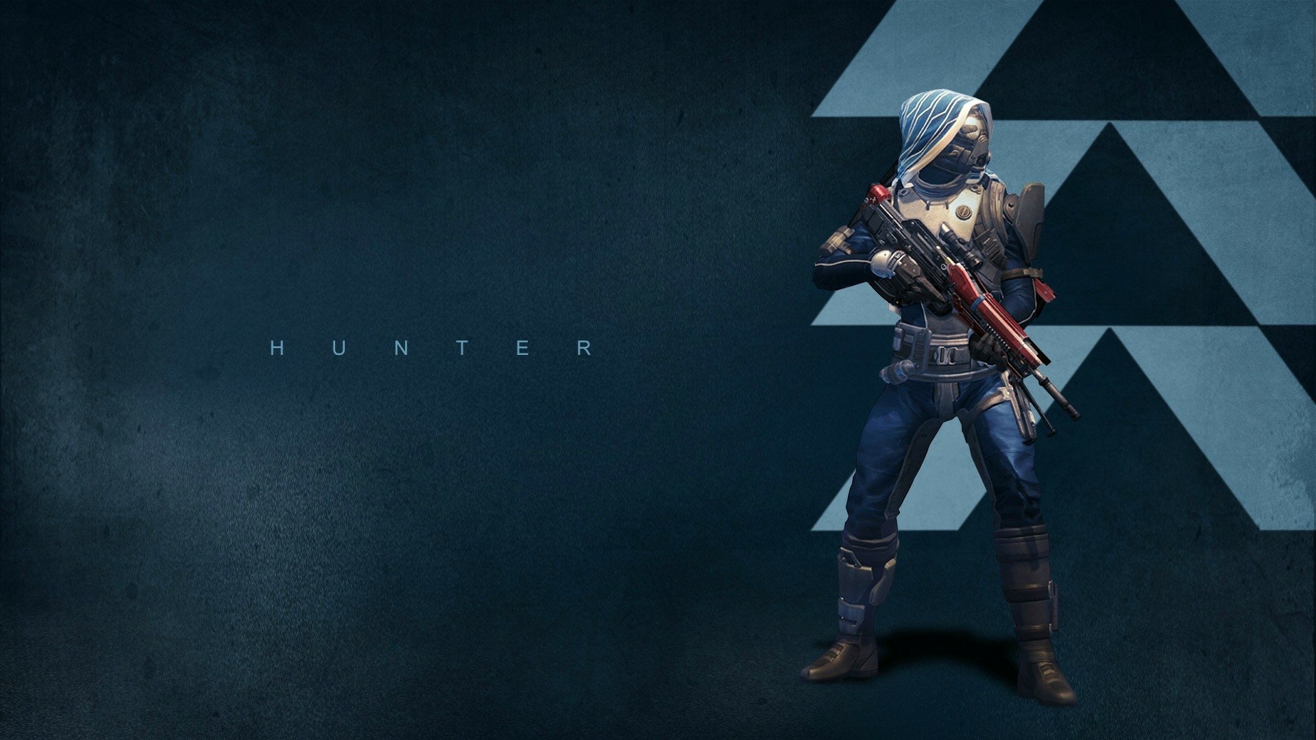 HD PC desktop wallpaper from the video game Destiny: a Hunter in armor holding a rifle against a textured blue background with geometric shapes and HUNTER text.