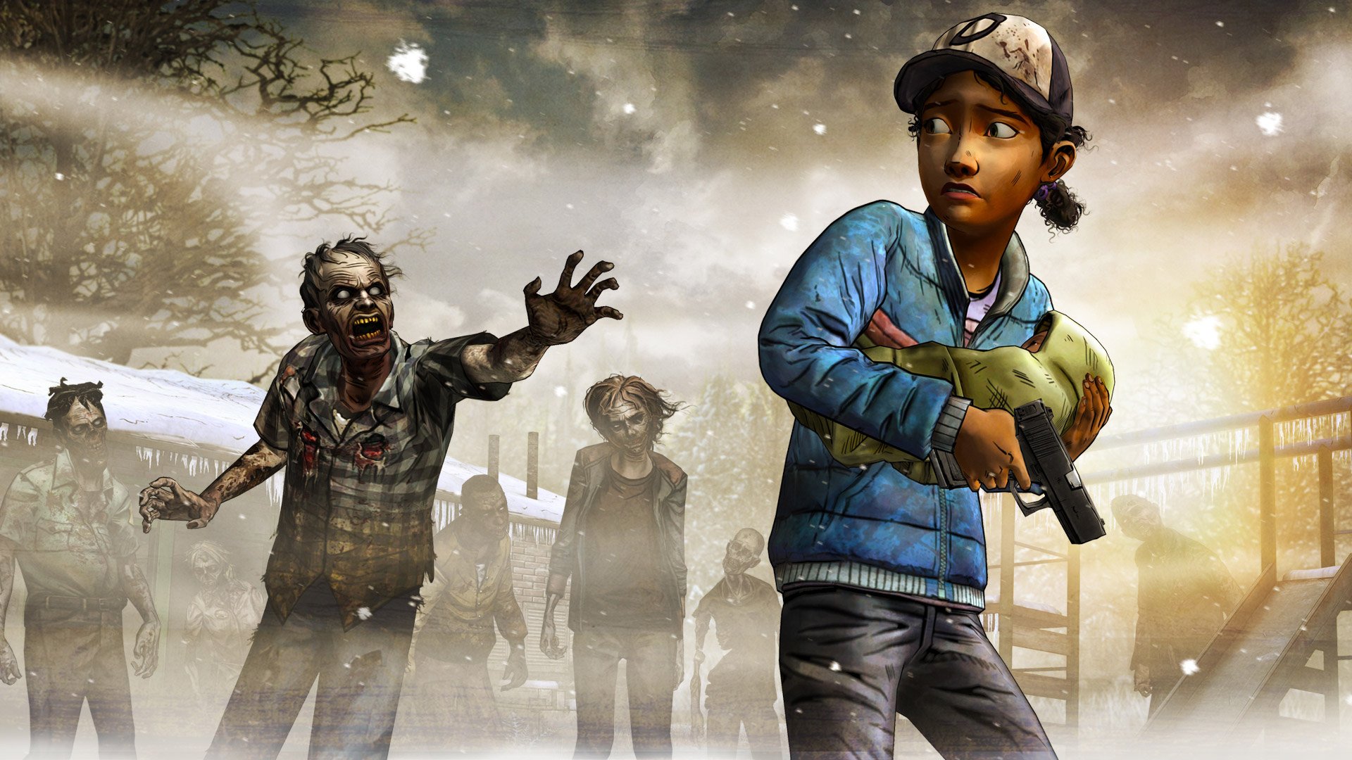 HD PC desktop wallpaper from the video game The Walking Dead: Season 2 — Clementine grips a pistol while zombies approach across a snowy, desolate landscape.