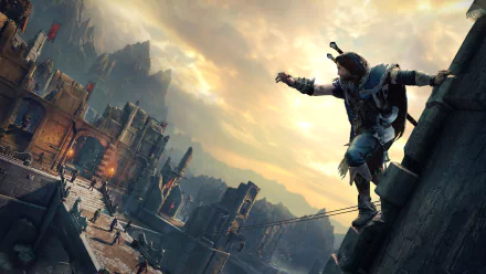 HD PC desktop wallpaper from the video game Middle-earth: Shadow of Mordor, featuring a character perched on a ledge overlooking a fortress at sunset.