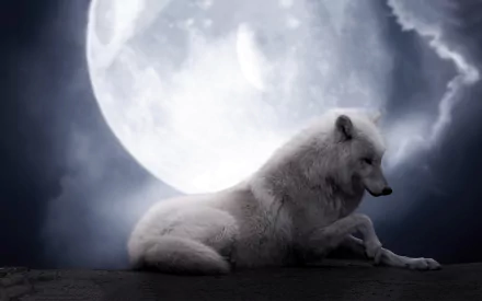A serene white wolf rests under a luminous full moon, surrounded by a dark, atmospheric night sky, creating an enchanting HD desktop wallpaper.