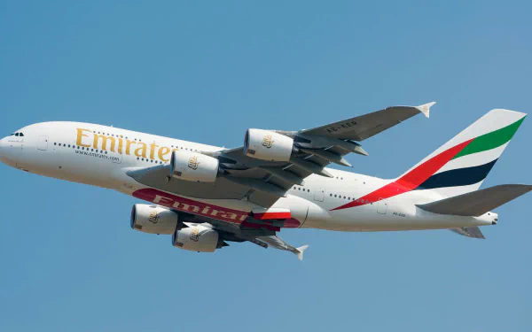 A stunning HD wallpaper featuring an Emirates Airbus A380 soaring through a clear blue sky, showcasing its impressive size and sleek design.