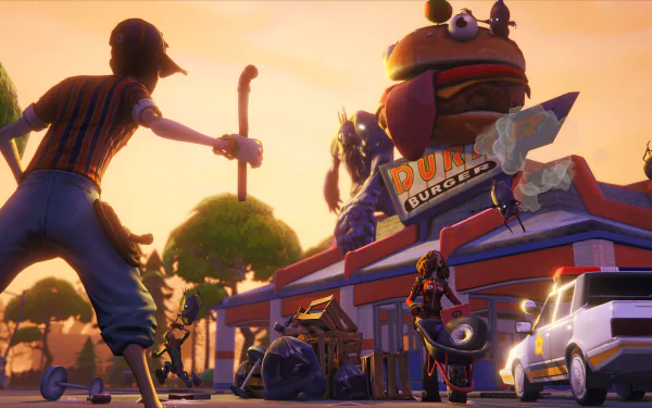 HD desktop wallpaper of a Fortnite video game scene featuring characters near a diner with a giant burger on top, set against a sunset backdrop.