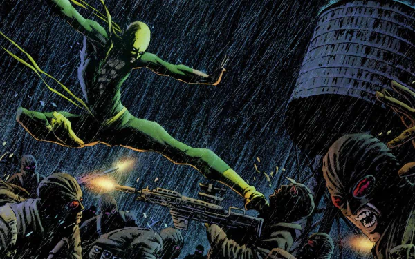 Iron Fist (Marvel Comics) leaps through pouring rain, glowing fist raised as he fights armed foes — comic-style HD PC desktop wallpaper