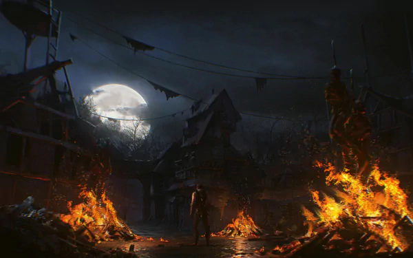 HD PC desktop wallpaper from the video game The Evil Within, depicting a dark, fiery scene with a full moon and a lone figure in a haunted, burning village.