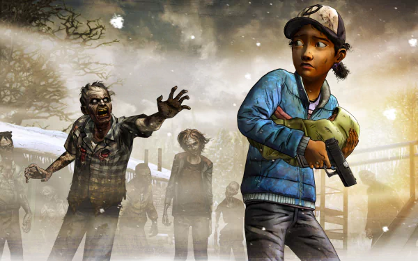 HD PC desktop wallpaper from the video game The Walking Dead: Season 2 — Clementine grips a pistol while zombies approach across a snowy, desolate landscape.