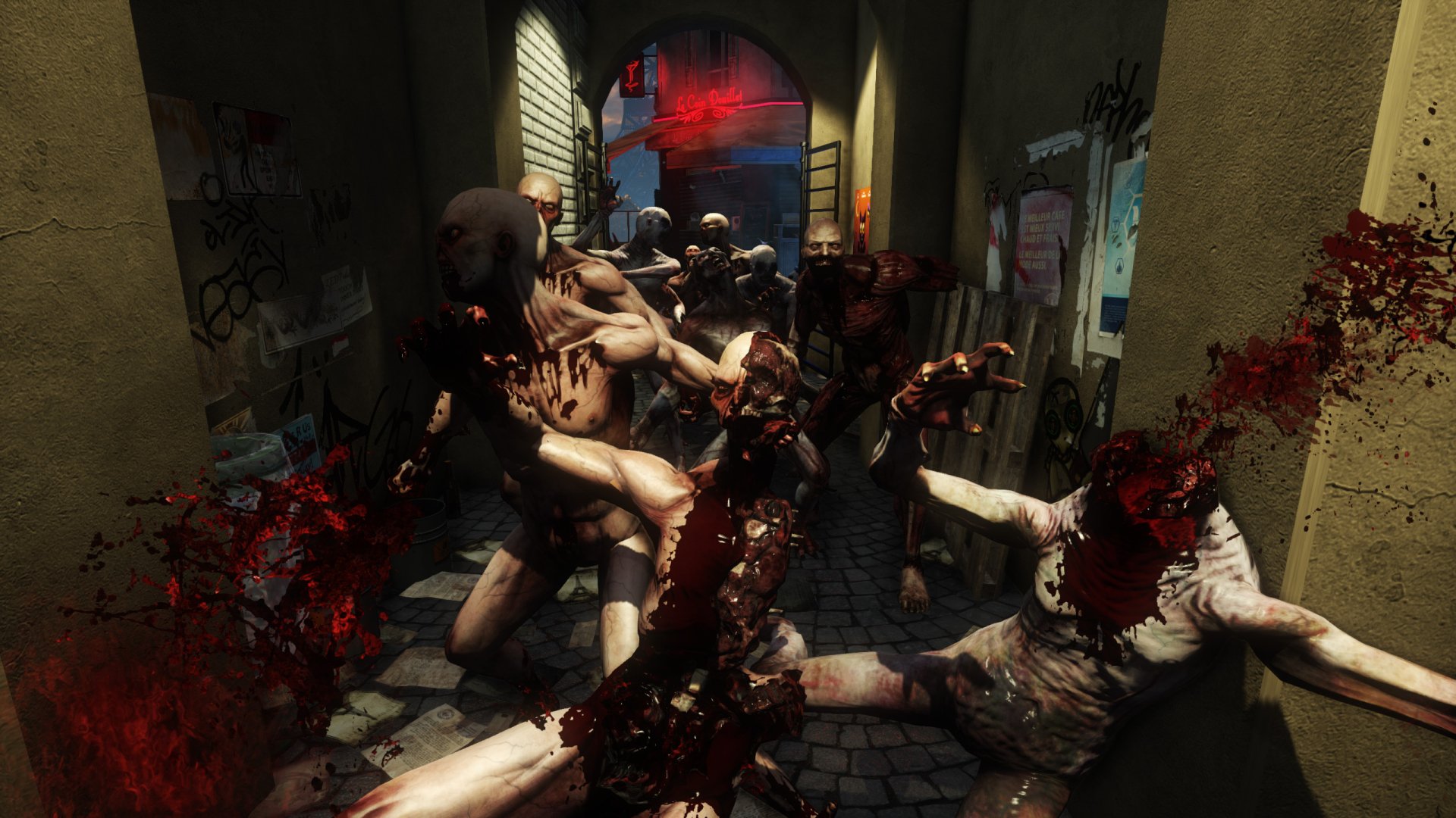 HD PC desktop wallpaper featuring intense zombie action from the video game Killing Floor 2 in a dark, narrow alley flooded with blood and chaos.