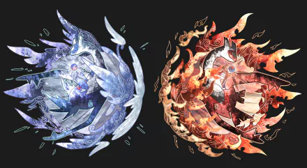 An HD desktop wallpaper featuring legendary Pokémon Latias and Latios, depicted in a striking design with contrasting colors of blue and red flames, capturing their essence from the Pokémon video game.