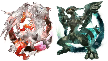 A vibrant HD wallpaper featuring Zekrom and Reshiram from Pokémon, showcasing their dynamic designs and colors, perfect for fans and gamers alike.