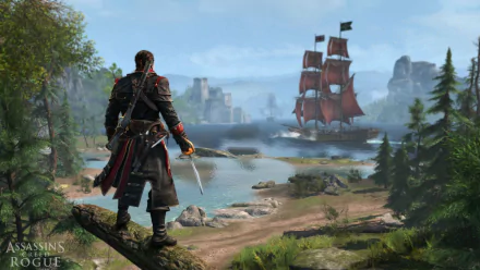 A character from Assassin's Creed: Rogue stands on a rocky outcrop, overlooking a vibrant landscape featuring a ship sailing through calm waters, framed by lush greenery and distant mountains.