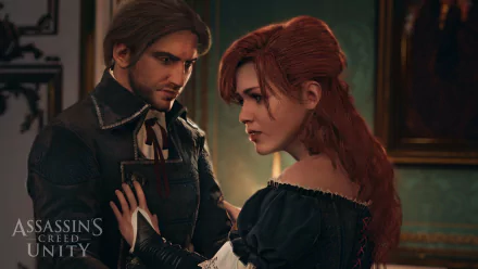A high-definition desktop wallpaper featuring Élise de la Serre from the video game Assassin's Creed: Unity, capturing an intense moment between two characters.
