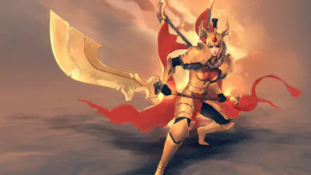 A striking HD wallpaper featuring Legion Commander from DotA 2, showcasing her in golden armor, wielding dual swords with a fierce expression and dynamic pose against a dramatic background.