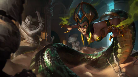 HD wallpaper featuring Cassiopeia from League of Legends, showcasing her serpent form in a dramatic scene with ancient warriors in a mystical setting.