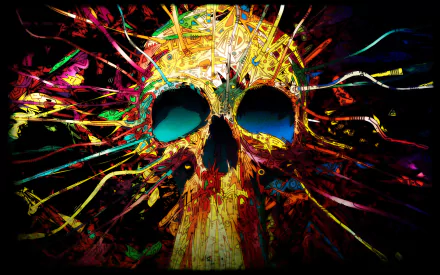 HD desktop wallpaper featuring a vividly colorful and dark artistic representation of a skull with explosive, abstract patterns emanating from it.