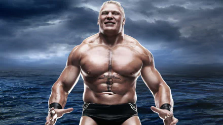 HD PC desktop wallpaper of a muscular shirtless wrestler posing against a stormy ocean sky, WWE SummerSlam 2012 movie-themed background.