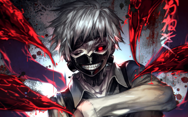 Anime Tokyo Ghoul Ken Kaneki Red Eyes White Hair Mask Teeth Wink Smile Blood Kagune HD Wallpaper | Background Image