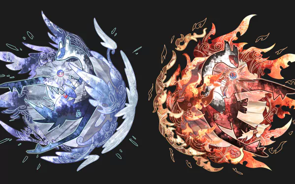 An HD desktop wallpaper featuring legendary Pokémon Latias and Latios, depicted in a striking design with contrasting colors of blue and red flames, capturing their essence from the Pokémon video game.