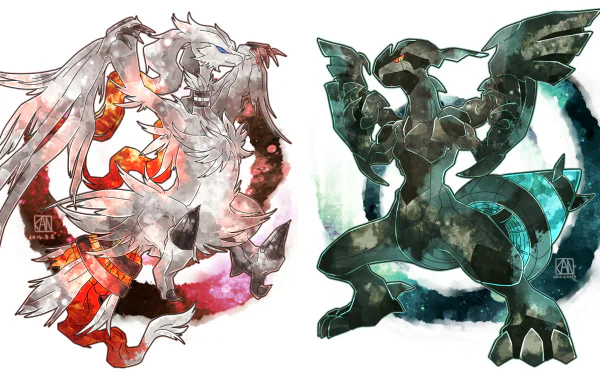 A vibrant HD wallpaper featuring Zekrom and Reshiram from Pokémon, showcasing their dynamic designs and colors, perfect for fans and gamers alike.