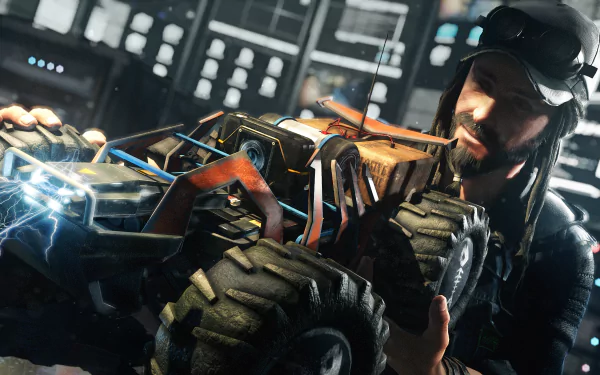 4K Ultra HD PC desktop wallpaper featuring a Watch Dogs character holding a rugged remote-controlled vehicle in a high-tech urban environment.