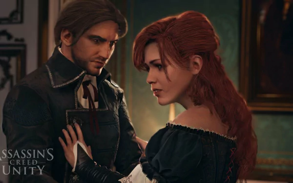 A high-definition desktop wallpaper featuring Élise de la Serre from the video game Assassin's Creed: Unity, capturing an intense moment between two characters.