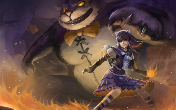 Annie, from League of Legends, stands poised with fire in her hand, accompanied by her giant bear Tibbers, against a fiery backdrop. This HD wallpaper captures their fierce energy.