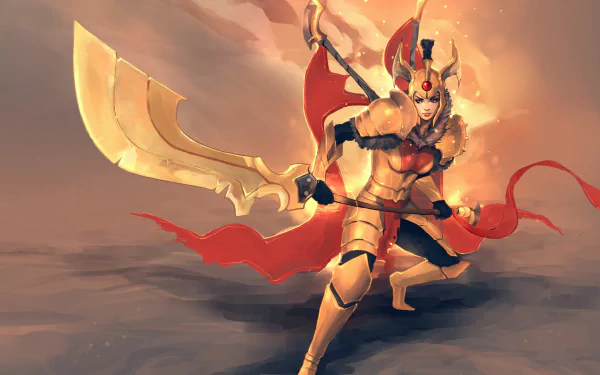 A striking HD wallpaper featuring Legion Commander from DotA 2, showcasing her in golden armor, wielding dual swords with a fierce expression and dynamic pose against a dramatic background.