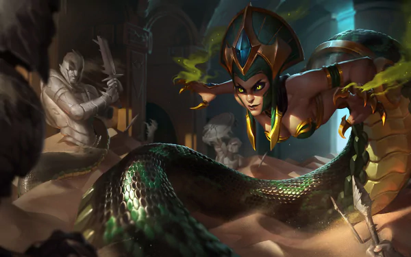 HD wallpaper featuring Cassiopeia from League of Legends, showcasing her serpent form in a dramatic scene with ancient warriors in a mystical setting.
