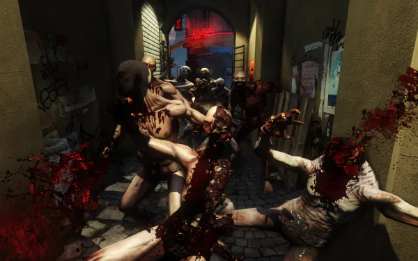 HD PC desktop wallpaper featuring intense zombie action from the video game Killing Floor 2 in a dark, narrow alley flooded with blood and chaos.