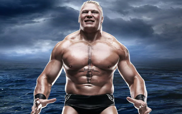 HD PC desktop wallpaper of a muscular shirtless wrestler posing against a stormy ocean sky, WWE SummerSlam 2012 movie-themed background.