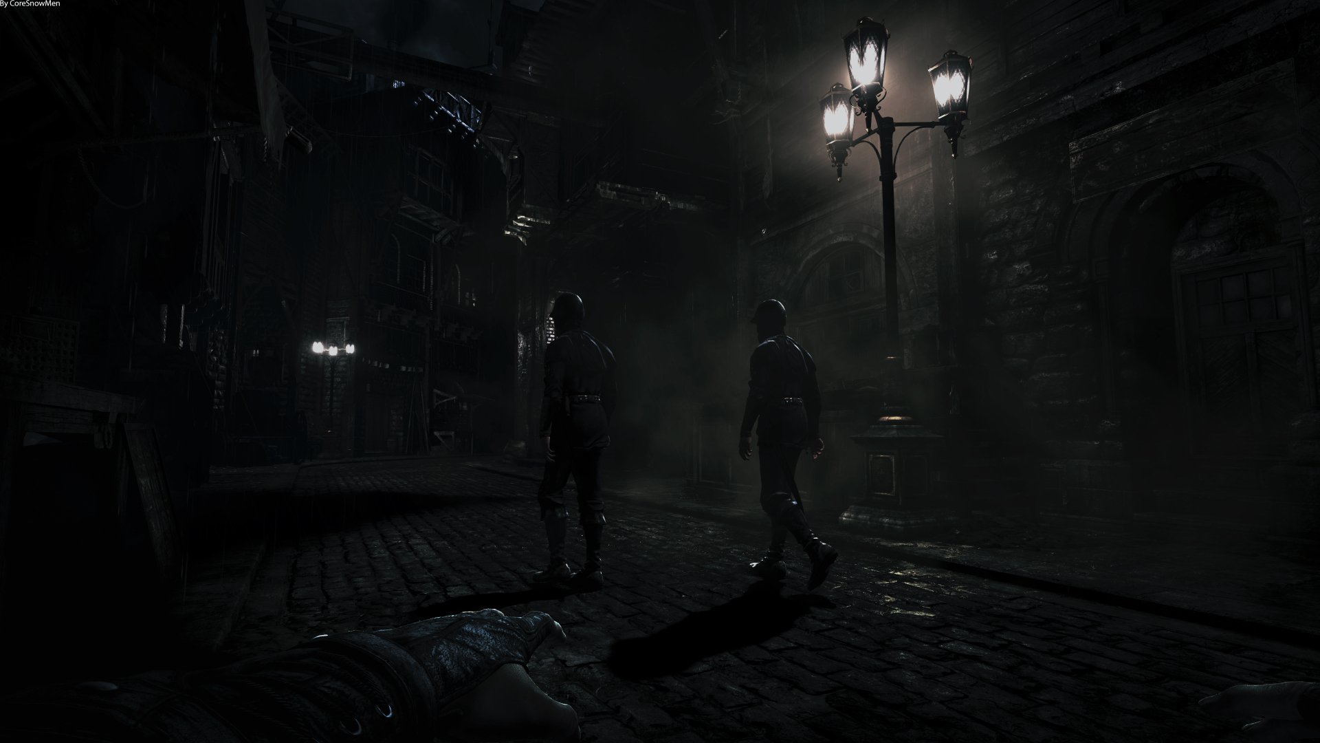 Dark, atmospheric 4K Ultra HD PC wallpaper from the Thief video game, showing two figures in a shadowy, rain-soaked alley illuminated by a streetlamp.