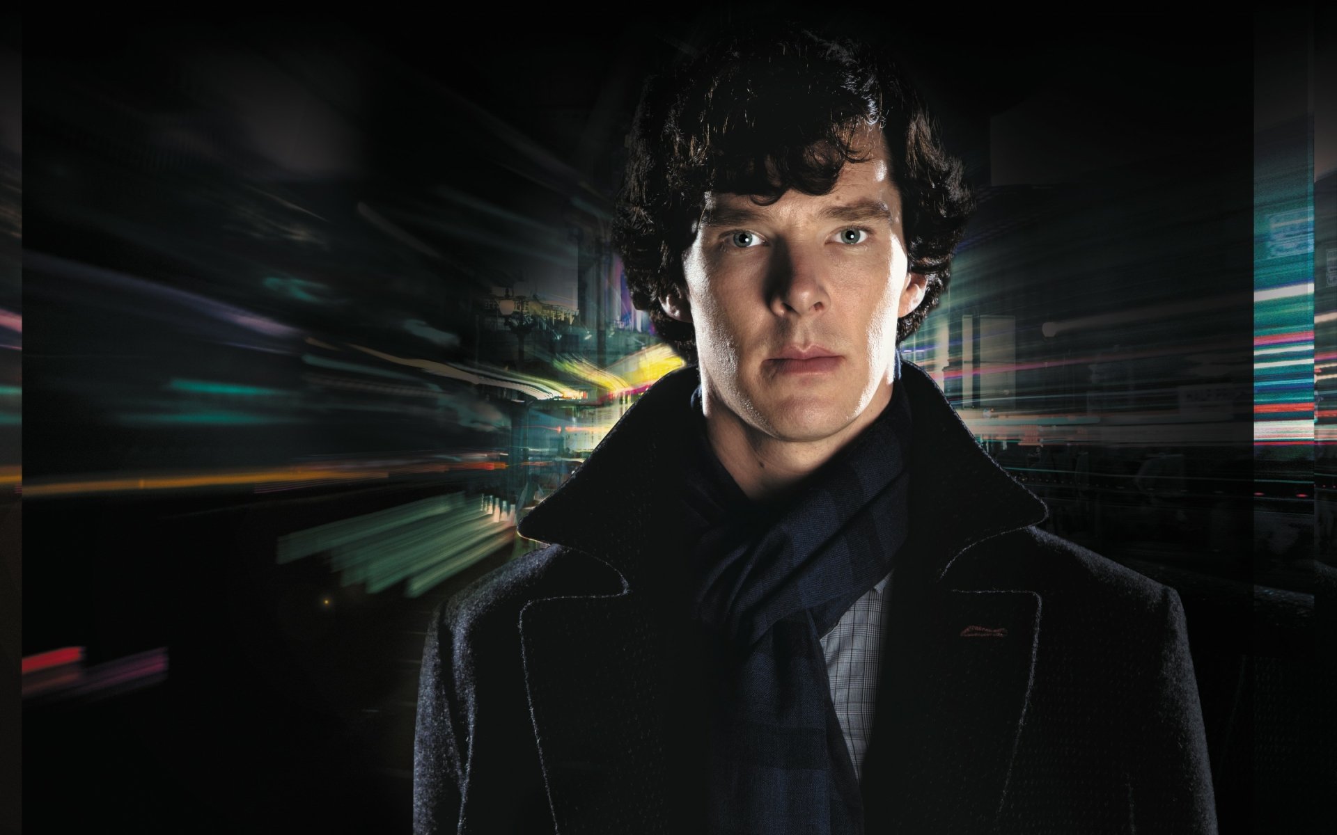 Benedict Cumberbatch as Sherlock Holmes in a dramatic HD wallpaper from the TV series Sherlock, featuring a captivating backdrop with vibrant motion effects.