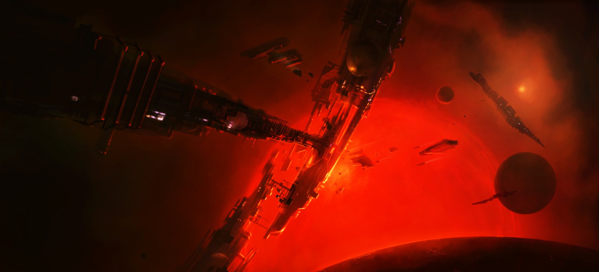 A vibrant Sci-Fi scene featuring a spaceship near a glowing red sun, inspired by the video game Elite: Dangerous, in stunning HD quality for desktop backgrounds.