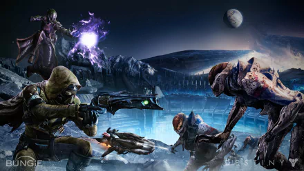 HD desktop wallpaper featuring intense combat scenes from the video game Destiny, with characters engaging in a gunfight on a moonlit icy landscape.