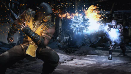 Sub-Zero and Scorpion from Mortal Kombat X battle in a snowy, dark forest, with Scorpion launching flames and Sub-Zero countering with ice. The characters are masked ninjas with glowing yellow eyes.