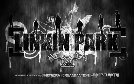 A dynamic HD desktop wallpaper featuring Linkin Park, showcasing the band's name and iconic imagery with a blend of artistic textures and elements from their albums.