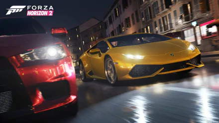 A dynamic HD wallpaper featuring a yellow Lamborghini racing alongside a red car, set against a vibrant urban backdrop, inspired by the video game Forza Horizon 2.